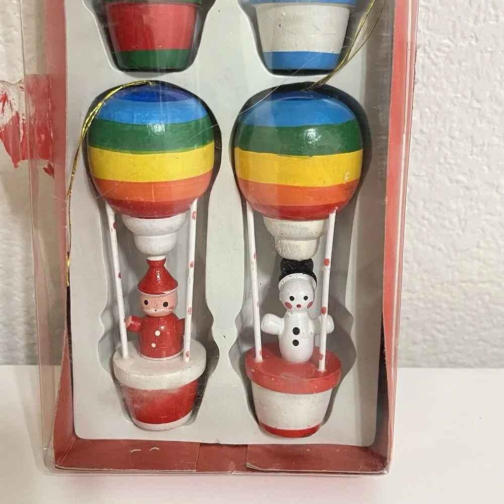 Vintage Wooden Rainbow Hot Air Balloon Ornaments Santa Snowman Bear Set of 4
